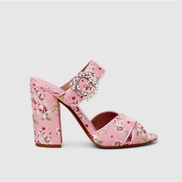 Tabitha Simmons Pink Reyner Embellished Floral Print Satin Sandals NIB 8 - Picture 1 of 13